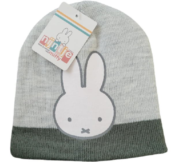 Miffy Mütze für Kinder One Size – Hellgrau mit grünem Rand