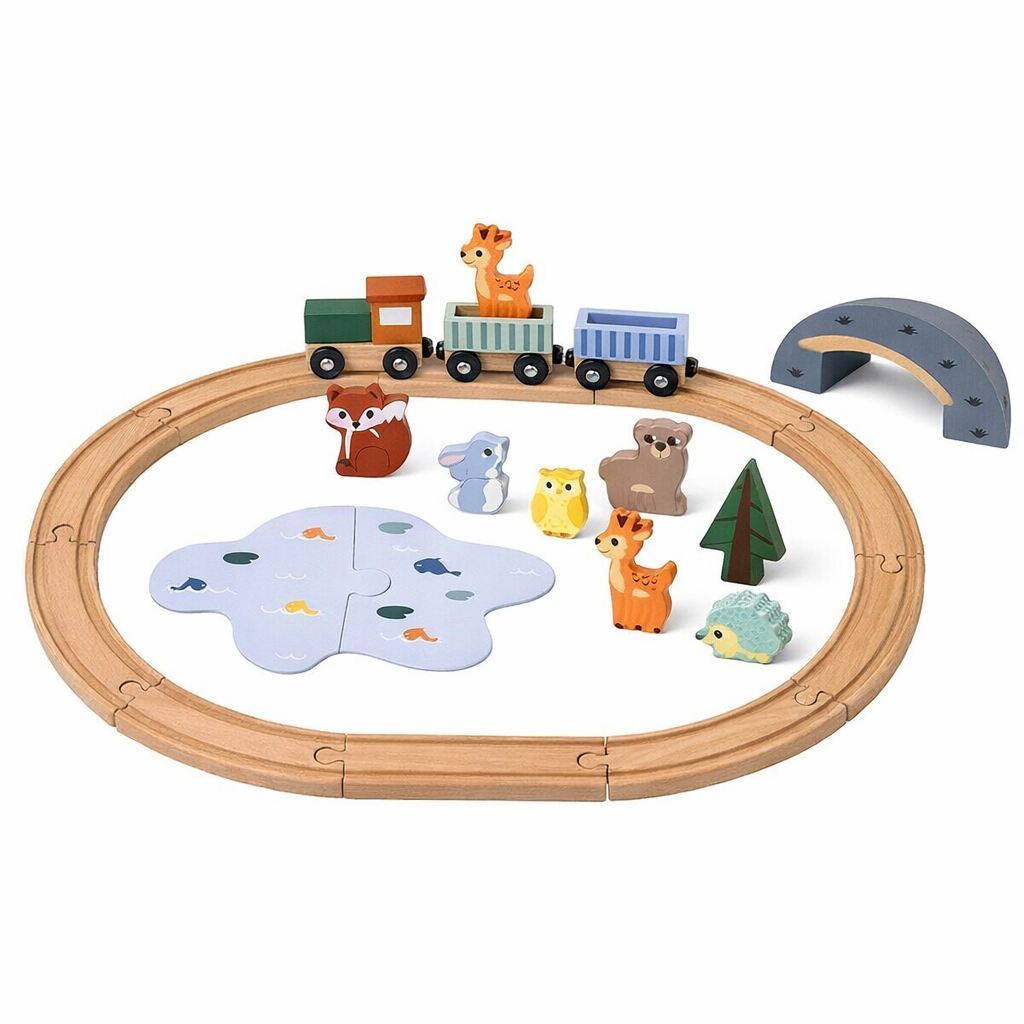 24-teiliger Holzzug mit Tieren und Tannenbaum